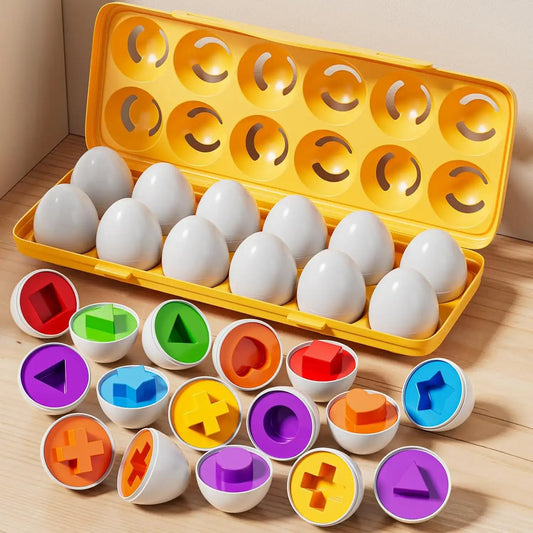 Colorful sensory puzzle with eggs and shapes in a yellow case, featuring various geometric shapes in bright colors.