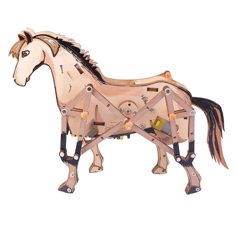 Wooden horse model with movable legs, featuring a detailed design and mechanical components for assembly.