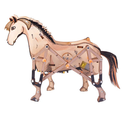 Wooden horse model with movable legs, featuring a detailed design and mechanical components for assembly.