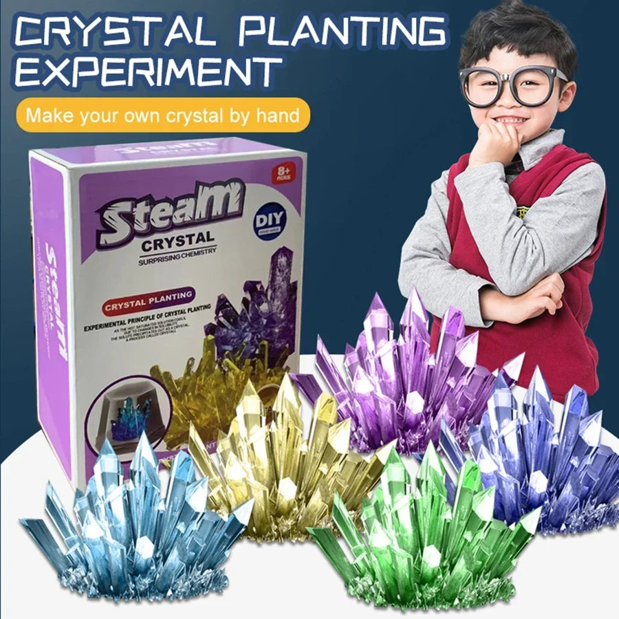 Colorful growable crystals in various shapes, with a child smiling and holding a box labeled 'Crystal Planting Experiment'.