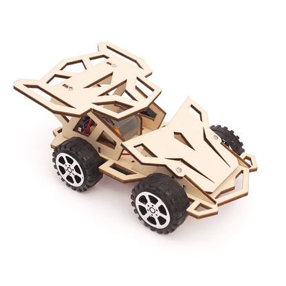 Wooden race car model with black wheels and detailed design, suitable for DIY assembly and educational play.