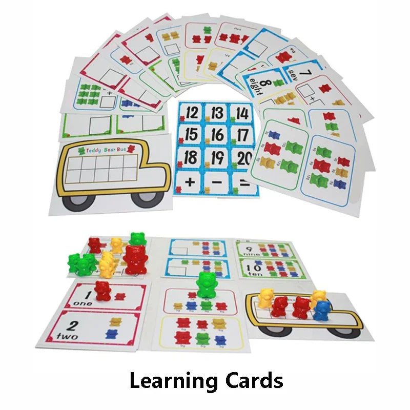 Colorful plastic counting bears in green, yellow, and red with matching educational cards for children