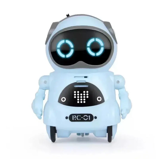 Blue mini pocket robot toy with glowing eyes and wheels, designed for interactive play and learning.