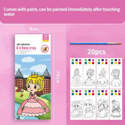 Colorful princess-themed watercolor painting kit with 20 sheets of designs, paintbrush, and castle background.