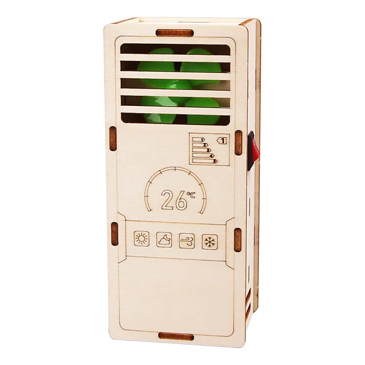 Wooden DIY air conditioner model with green fan blades, temperature gauge, and detailed design features.