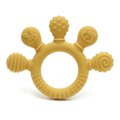 Yellow silicone baby teether with various textured shapes and animal designs for sensory gum relief