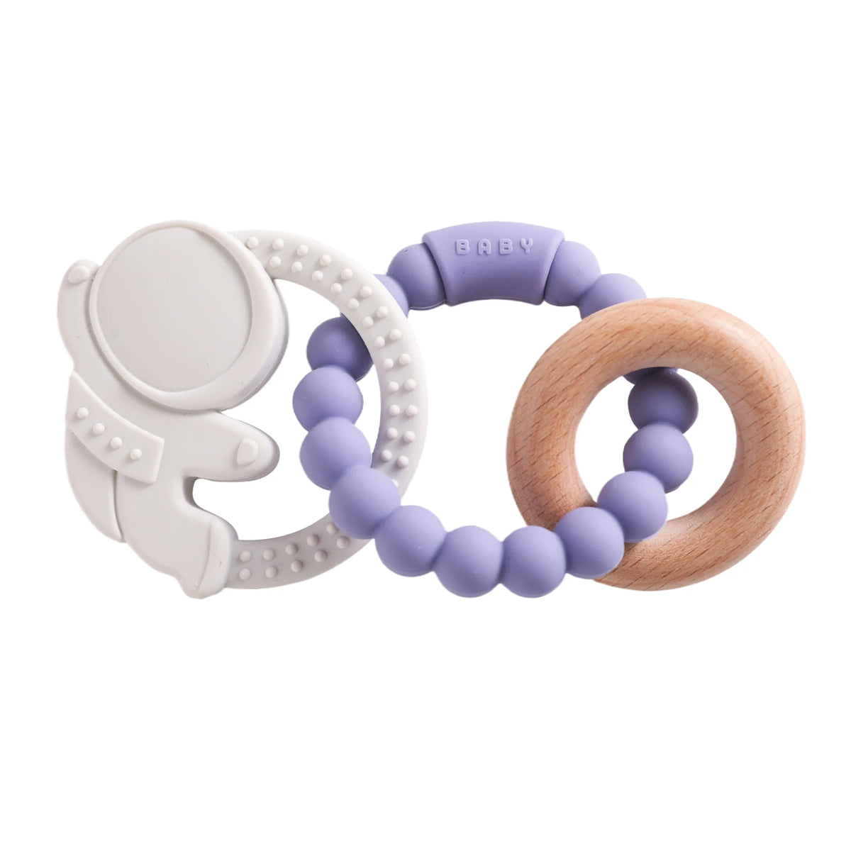 Silicone teether in astronaut shape with purple and wooden beads, designed for babies and toddlers.