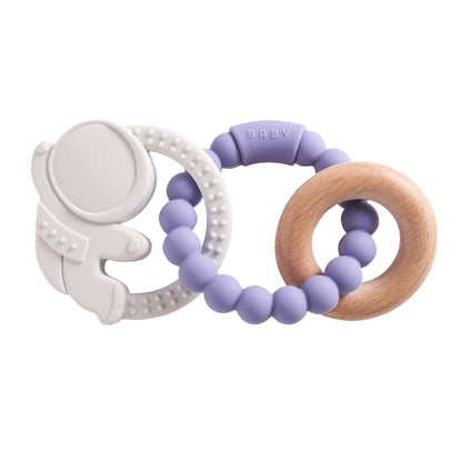 Silicone teether in astronaut shape with purple and wooden beads, designed for babies and toddlers.