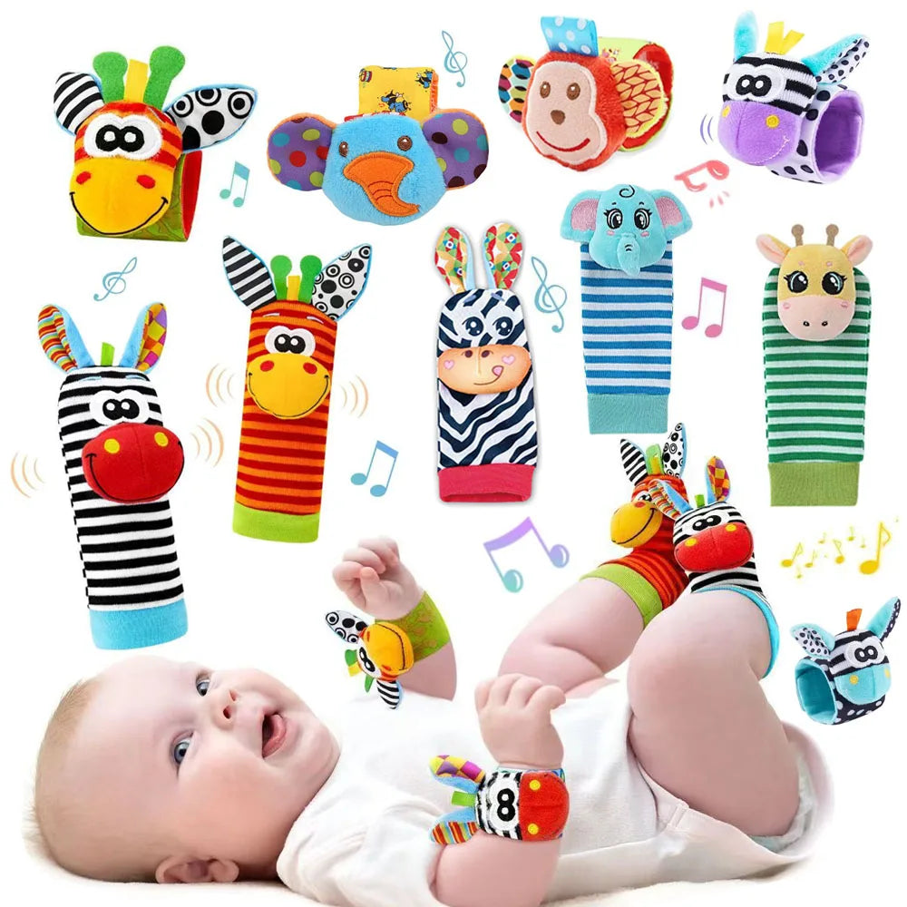 Colorful animal-themed wrist rattles and socks for infants, featuring various designs and patterns, with a baby playing.