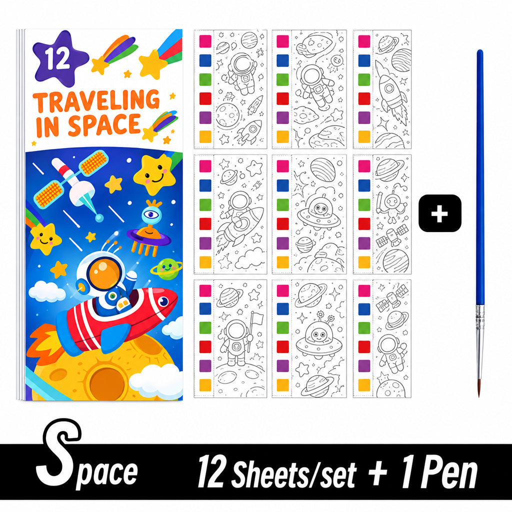 Coloring book set with space-themed illustrations, 12 sheets per set, and a pen on a white background.
