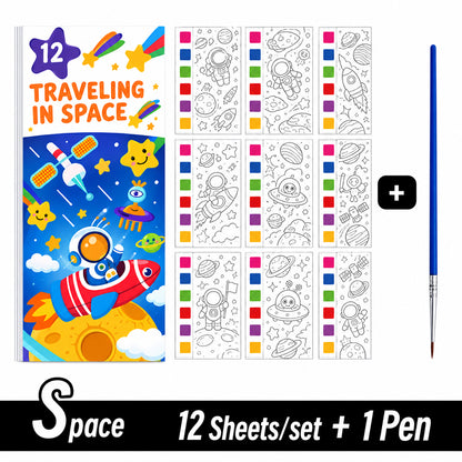 Coloring book set with space-themed illustrations, 12 sheets per set, and a pen on a white background.