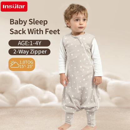 INSULAR Baby Soft Sleep Sack With Feet Infant Sleeveless Sleeping Bags Children's Homewear Premium Cotton 2-Way Zipper4 Seasons