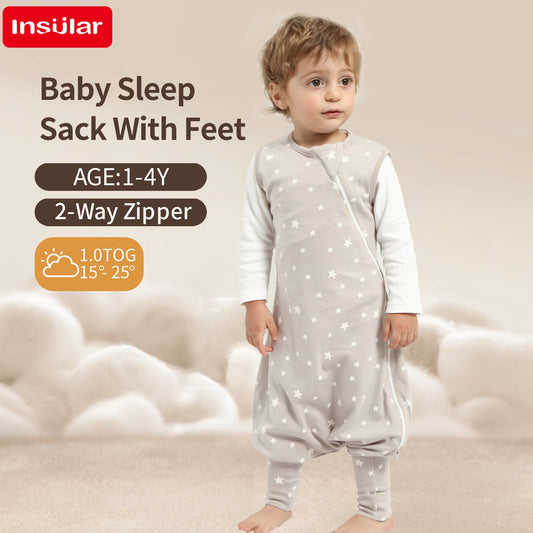 INSULAR Baby Soft Sleep Sack With Feet Infant Sleeveless Sleeping Bags Children's Homewear Premium Cotton 2-Way Zipper4 Seasons