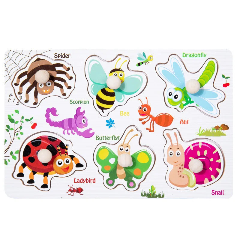 Wooden puzzle board featuring colorful insect shapes like a spider, bee, and butterfly with knobs for easy handling.