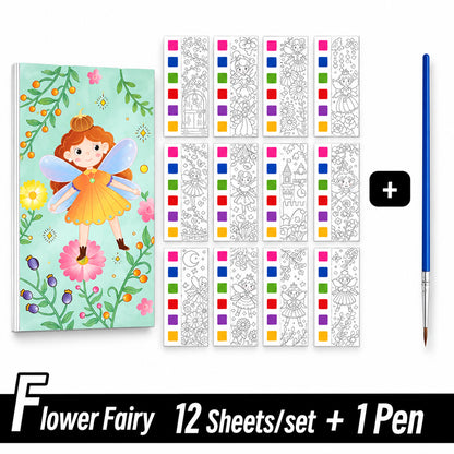 Portable watercolor painting book featuring a flower fairy design, 12 sheets with colorful outlines and a paintbrush.