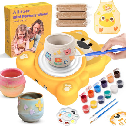 Pottery Wheel for Kids 8-12, Complete Art & Craft Set with 3 Pack Air Dry Clays, Paints - DIY Ceramic Maker Mini for Beginners C