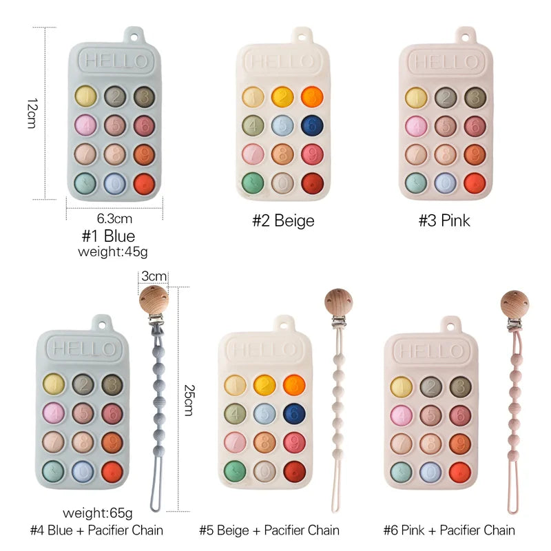 Silicone cell phone teether toy in blue, beige, and pink with colorful buttons and pacifier chains, BPA free.