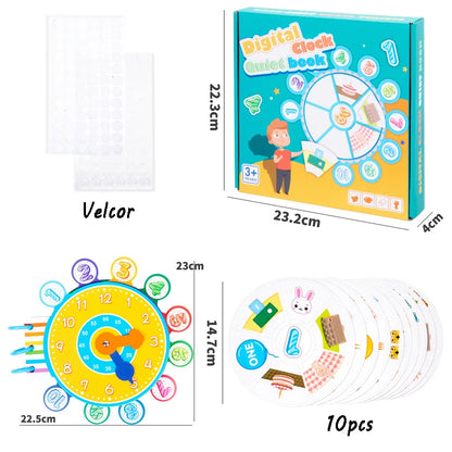 Colorful digital clock toy with numbers and shapes, includes 10 educational cards, packaged in a box.