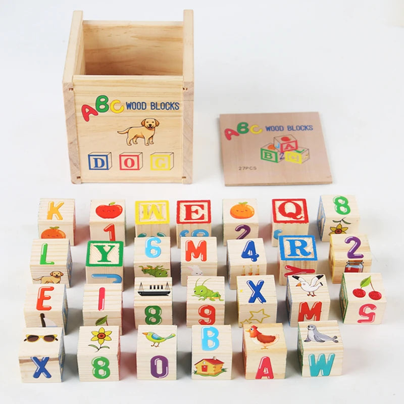 27 wooden blocks with letters and numbers, colorful illustrations, in a wooden storage box labeled 'ABC Wood Blocks'.