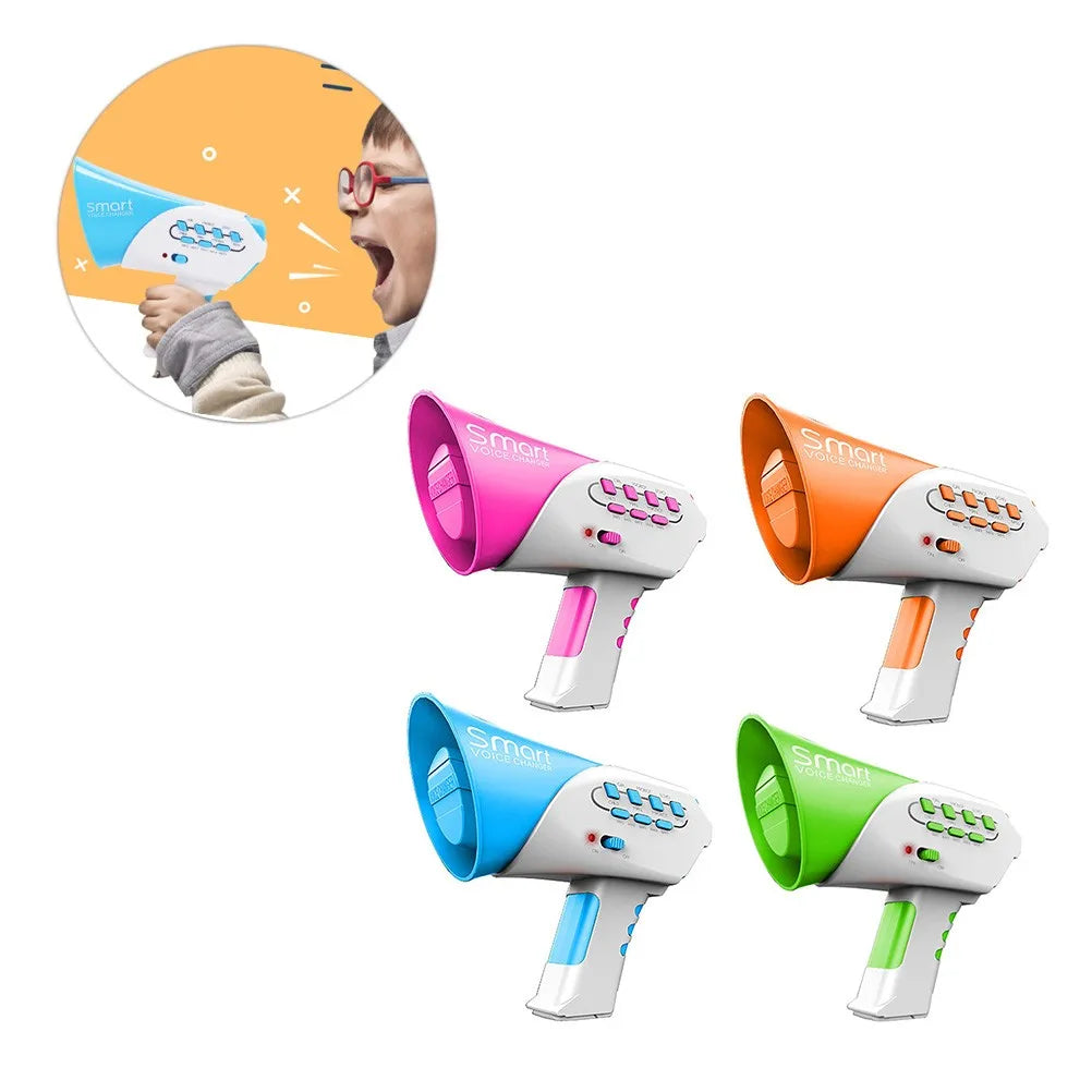 Four colorful toy megaphones in pink, blue, orange, and green with buttons, designed for kids' roleplay and pranks.