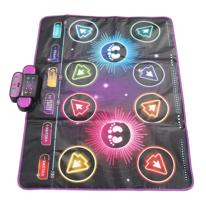 Interactive dance mat with colorful arrows and buttons, designed for dual players, featuring a control panel.