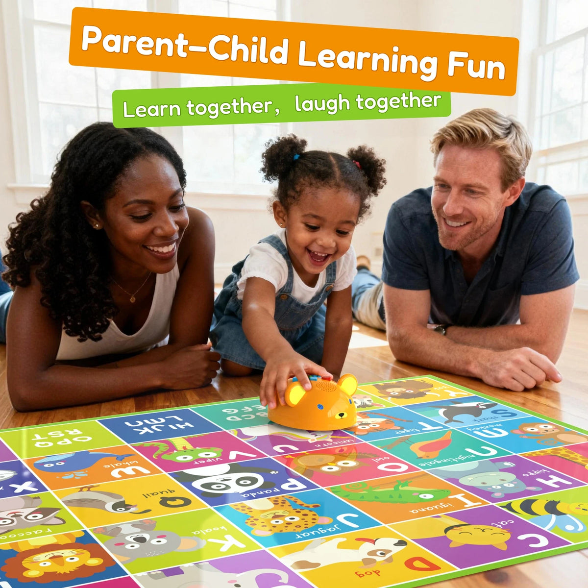 Two children playing on a colorful learning mat with animal illustrations, engaging with a small orange toy.