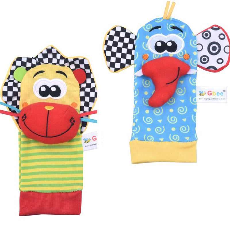 Two colorful baby wrist rattles socks featuring a lion and an elephant design with playful patterns and textures.