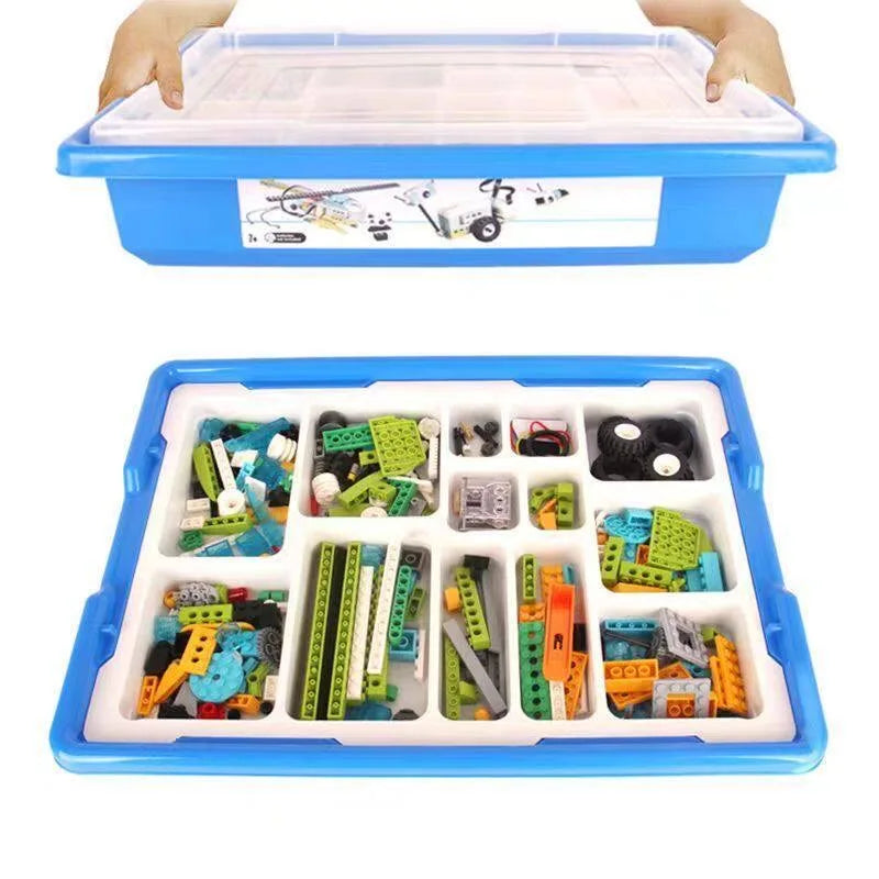 Blue storage box with transparent lid, filled with colorful building blocks and robotics components for educational play.