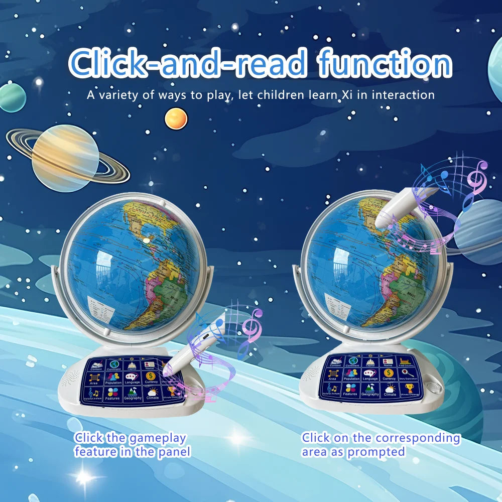 11-inch terrestrial globe with LED lights, interactive panel, and educational features, set against a starry background.
