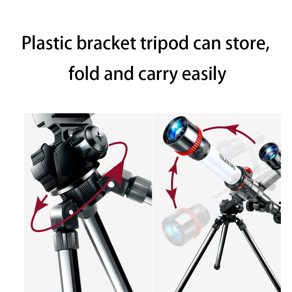 Portable astronomical telescope with a plastic bracket tripod, designed for easy storage and transport.