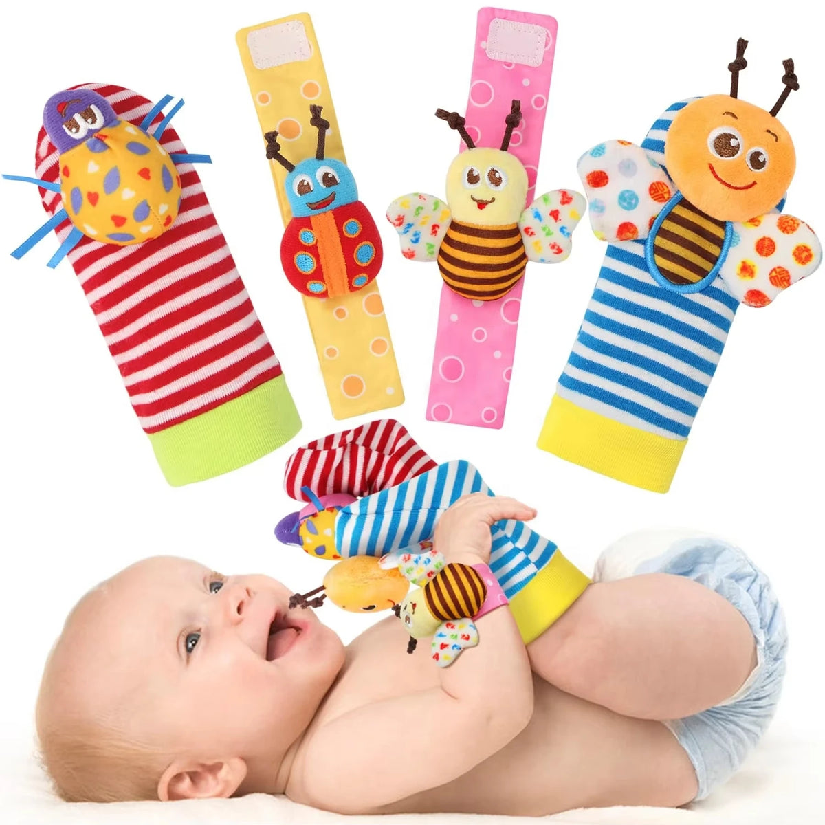 Colorful baby wrist rattles and socks featuring animal designs, with a baby playing with them.
