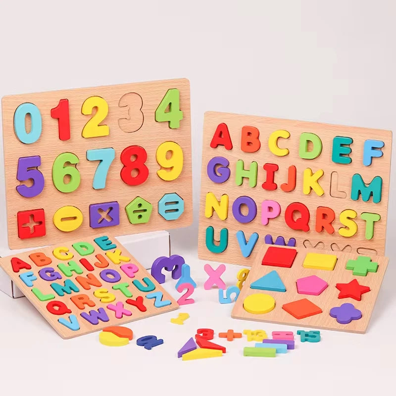 Colorful wooden puzzle board featuring numbers, letters, and shapes in various colors, designed for toddlers.