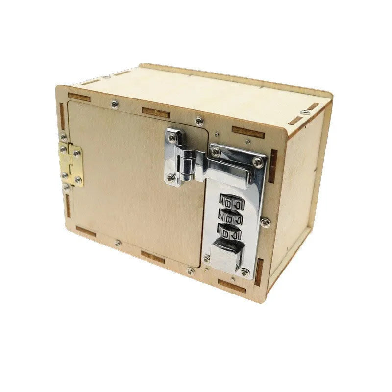 Wooden password box with a metal lock and combination dial, featuring a natural wood finish and precise cut details.