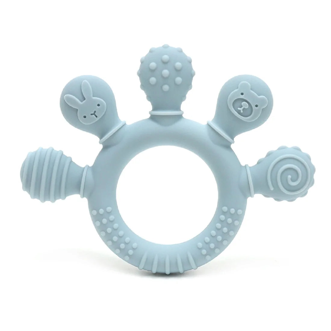Light blue silicone baby teether with various textured shapes, including a bunny and bear, designed for sensory relief.