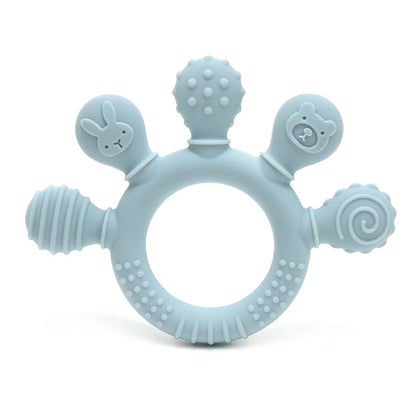 Light blue silicone baby teether with various textured shapes, including a bunny and bear, designed for sensory relief.
