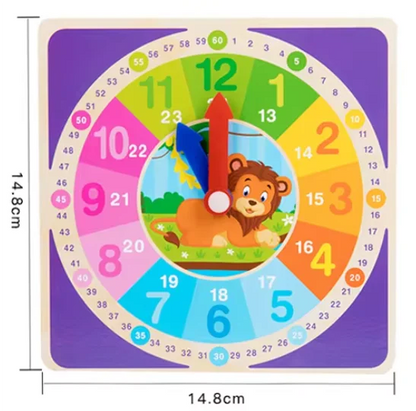 Colorful wooden clock puzzle with numbers, featuring a lion illustration in the center and vibrant hour segments.