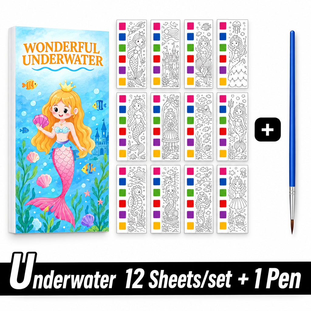 Watercolor painting book featuring underwater scenes, 12 sheets, a paintbrush, and colorful borders.