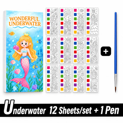 Watercolor painting book featuring underwater scenes, 12 sheets, a paintbrush, and colorful borders.