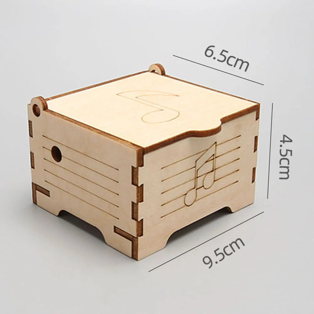 Wooden box with musical notes design, measuring 6.5cm x 4.5cm x 9.5cm, suitable for DIY projects.