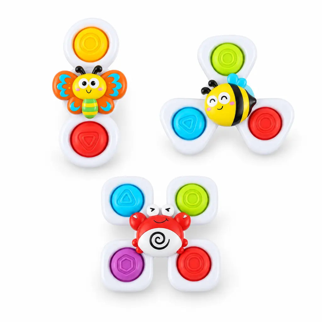 Colorful fidget spinner toys with cartoon characters and measurements on a white background