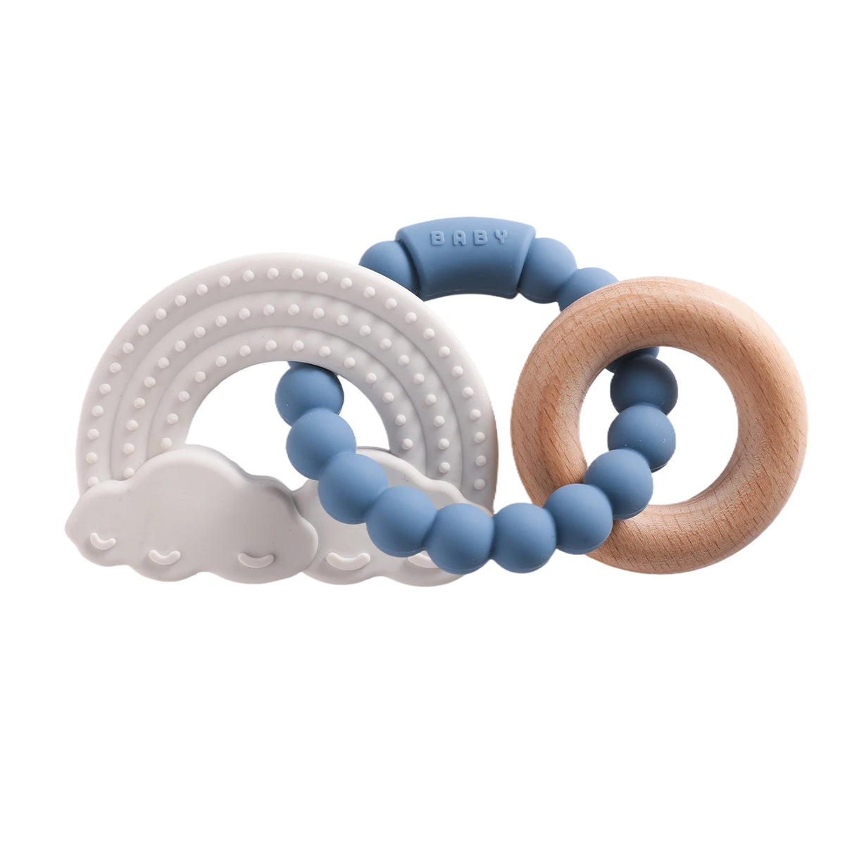 Silicone teether with blue and white cloud and rainbow shapes, wooden ring, and round beads for toddlers.