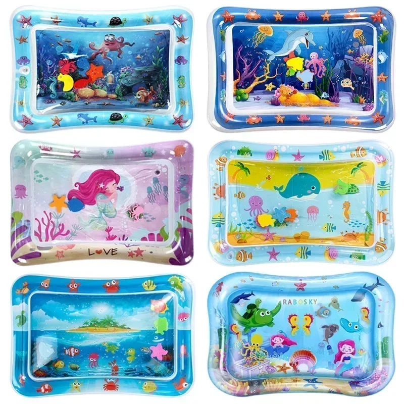 Six colorful inflatable water play mats featuring underwater scenes with sea creatures and vibrant designs.