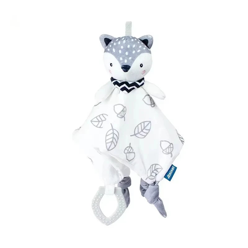 Plush fox toy with a gray and white color scheme, featuring leaf patterns and a teething ring attached.
