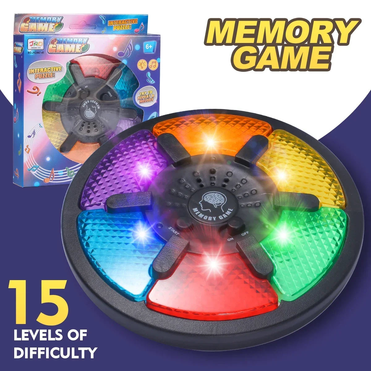 Handheld electronic memory game with multicolored buttons and lights, featuring a black base and puzzle design.