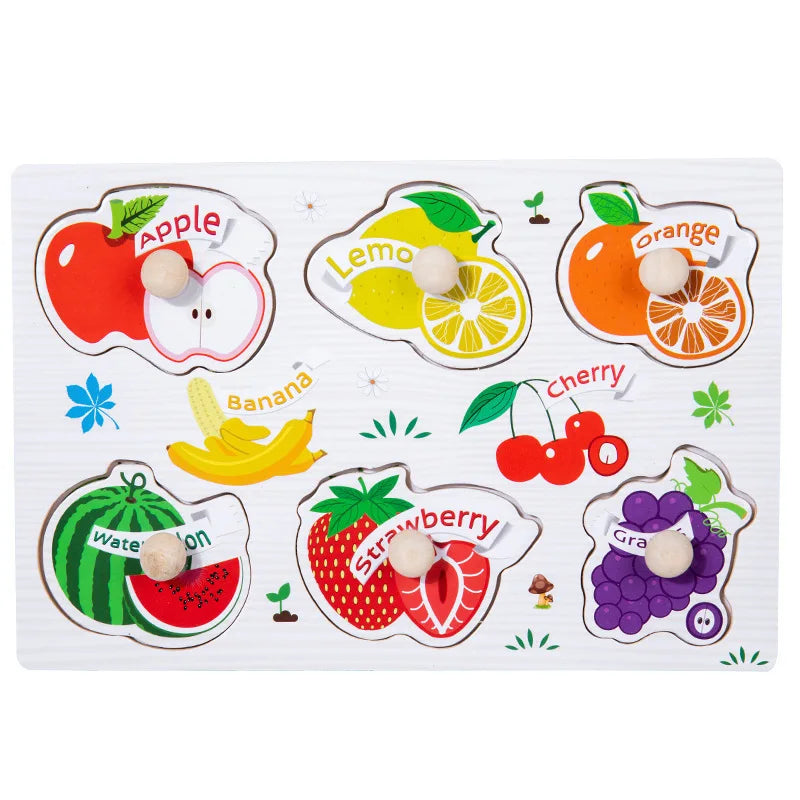 Wooden puzzle board featuring colorful fruit shapes with labels, designed for toddlers' educational play.