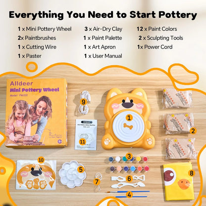 Pottery Wheel for Kids 8-12, Complete Art & Craft Set with 3 Pack Air Dry Clays, Paints - DIY Ceramic Maker Mini for Beginners C
