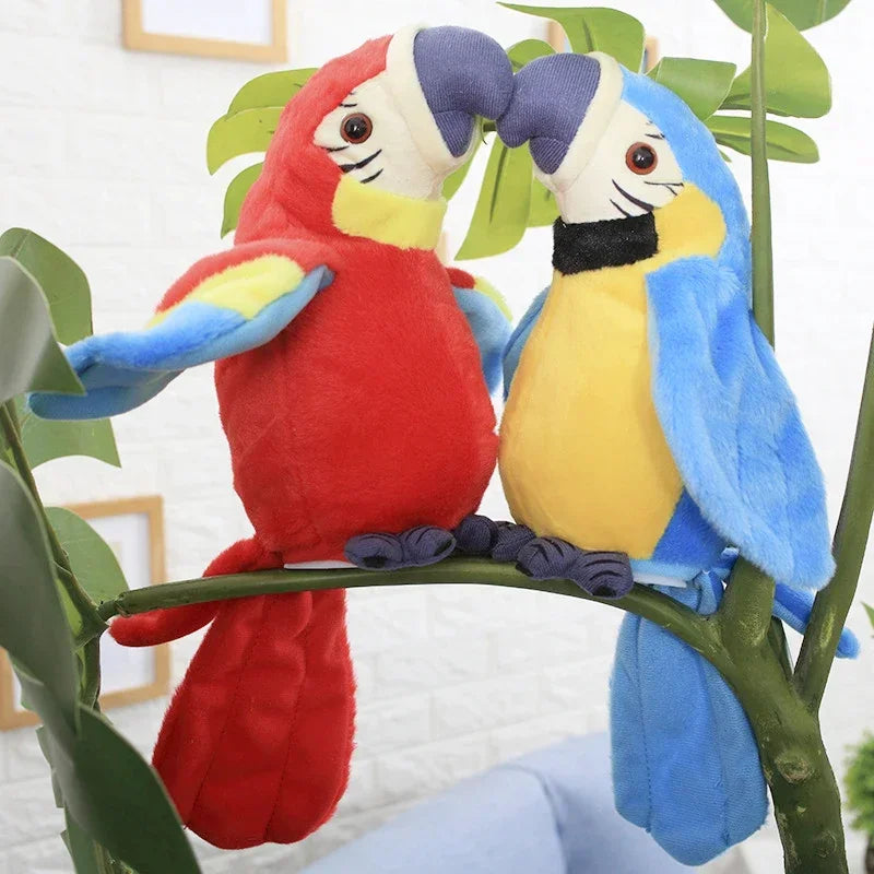 Two colorful stuffed macaw parrots, one red and yellow, the other blue and yellow, perched on a green branch.