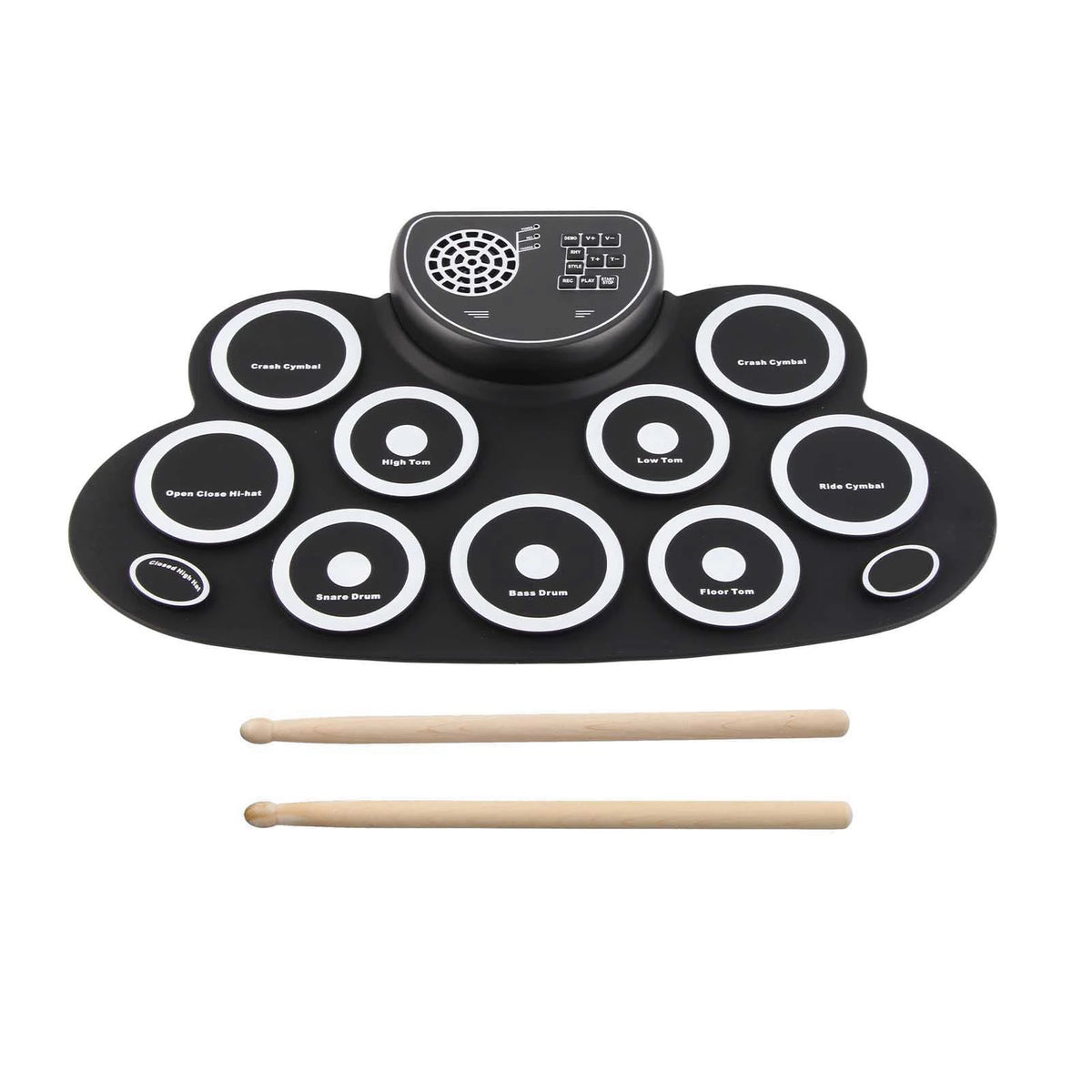 Black roll-up drum pad with ten drum pads, speaker, and two wooden drumsticks, designed for kids.