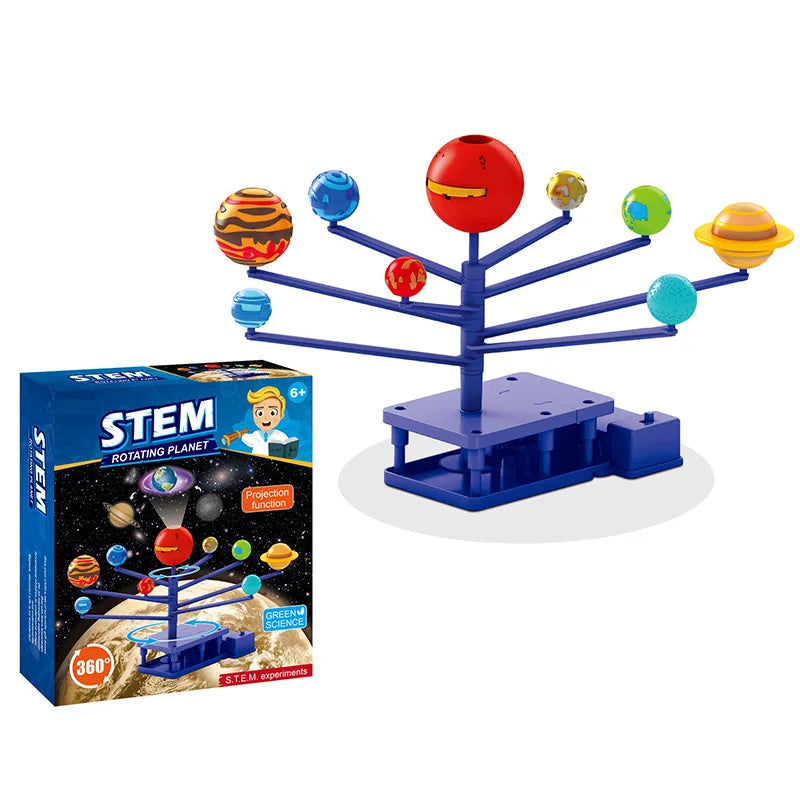 Colorful rotating planet model with eight planets on arms, box featuring space theme and STEM logo beside it.