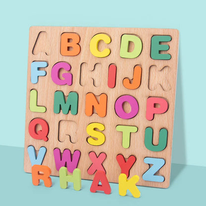 Wooden puzzle board with colorful uppercase letters A-Z, featuring cut-out shapes for matching.